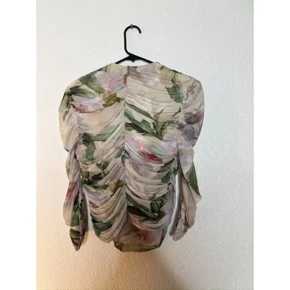 Express Body Contour Cropped Top Size L Womans Pink Floral Mesh Long Sleeve Y2K - Picture 4 of 5